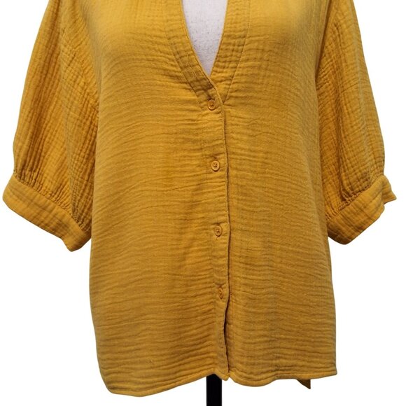 Sundays Womens Mustard Yellow Cotton Gauze Button-Up Shirt V-Neck Sz M Normcore - Picture 5 of 8